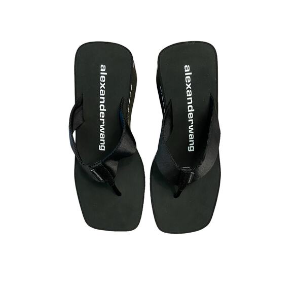 Alexander Wang Wedge Flip Flop Thong Sandals Logo Print Square Toe Black Size 37 - Picture 3 of 12